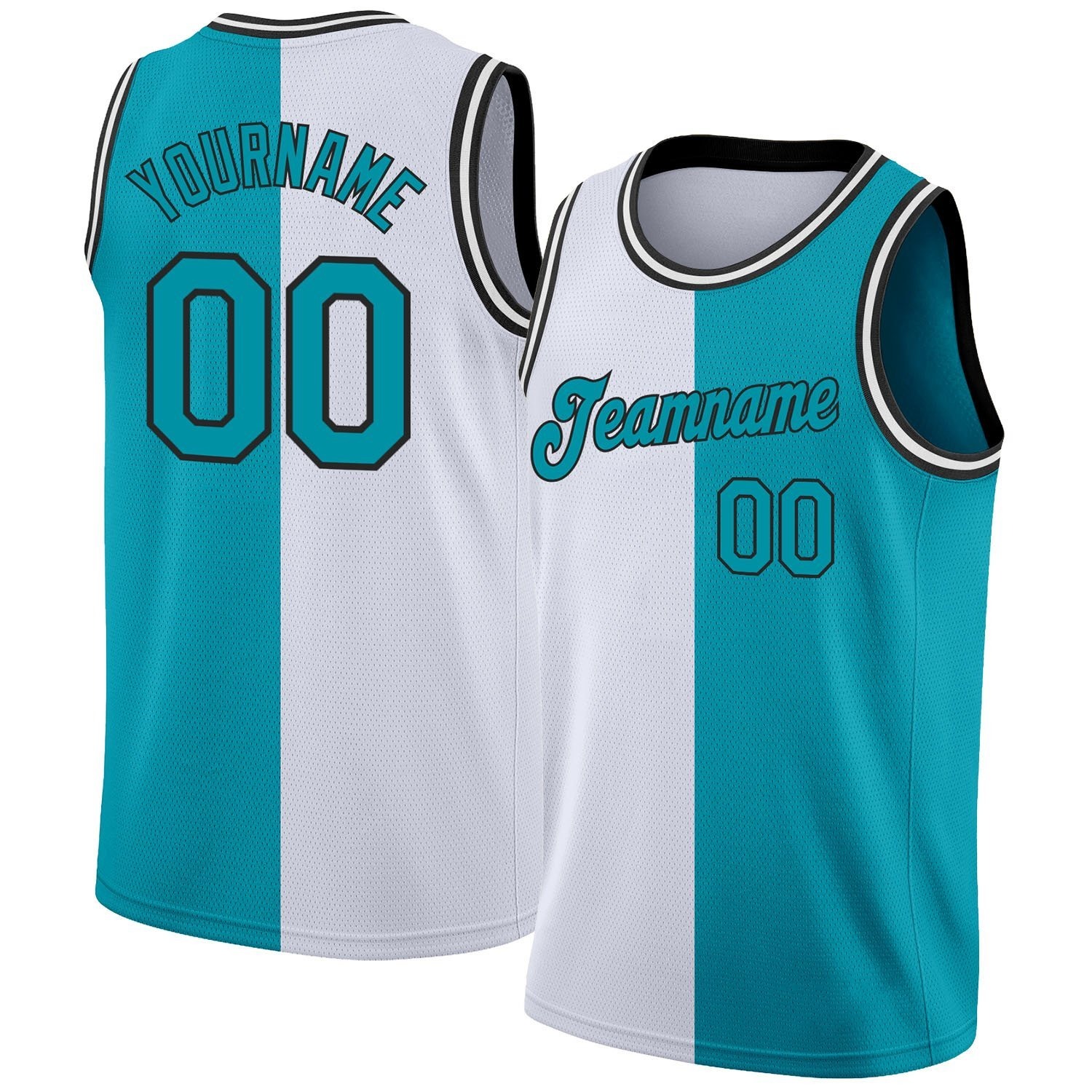 10 (3) Men's Custom White Teal-Black Authentic Split Fashion Basketball Jersey - Image 1