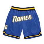 Men's Custom Blue White-Gold Authentic Throwback Basketball Shorts